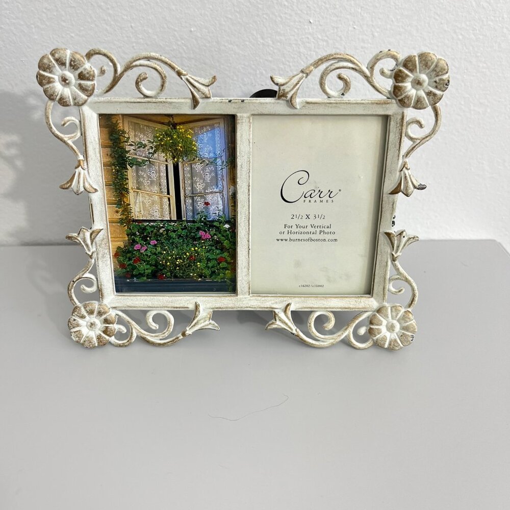 Carr Dual 2x3 White Ornate Metal Floral Picture Frame With Easel Back Vintage-In